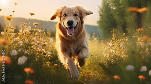 A joyful dog running through a field with its tail wagging, embodying pure happiness. The focus is on the dog's energetic and carefree movement. 