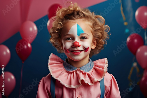 Cute little boy with clown makeup. Celebrating April Fool's Day. Little smiling clown boy