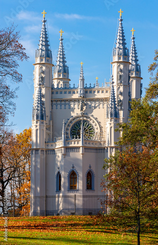 Gothic chapel in Alexandria park in autumn, Peterhof, Saint Petersburg, Russia