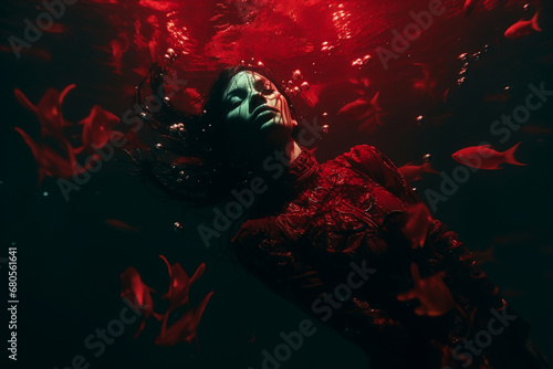 Young woman floats underwater surrounded by red lightning, goldfish, and underwater plants - AI Generated