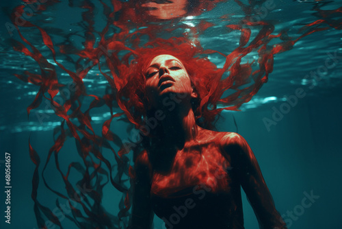 Red haired woman floats underwater surrounded by red lightning and algae - AI Generated