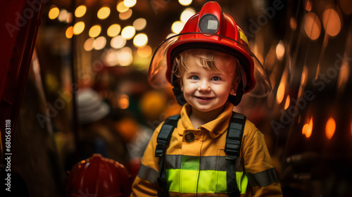 A Kid smiles, imagines to be a firefighter. Orange bokeh background. Future dream profession. Ai generative