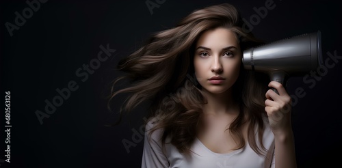 A beautiful girl dries her hair with a hair dryer, on a dark background.