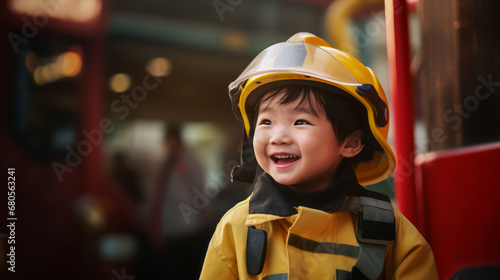 A Boy wears yellow suit, smiles, imagines to be a firefighter. Orange bokeh background. Future dream profession. Copy space. Ai generative
