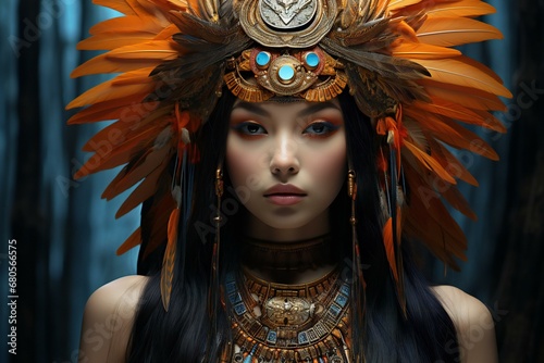 Beautiful asian woman in native indian costume with headdress