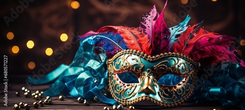 Vibrant venetian carnival background with copy space and a variety of colorful carnival attributes