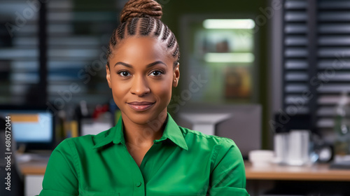Portrait of Beautiful pretty black woman secretary with stylish hair. Businesswoman looks at the camera and smiles. Office background. Ai generative.
