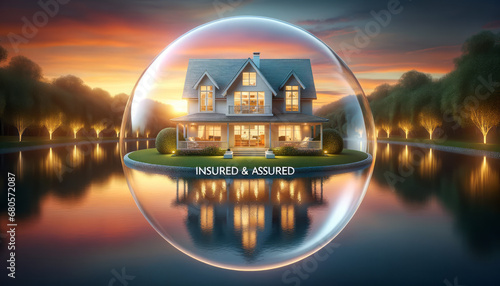Family House protected by transparent sphere from natural disaster. Insurance and safety concept. Ai generative.