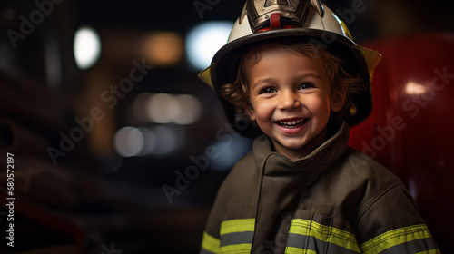 a Smiling KID. the Boy imagines to be a firefighter. Firefighter car on background. Future dream profession. Ai generative