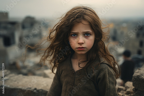Image of an orphaned child in front of the ruins of town destroyed in the war generative ai