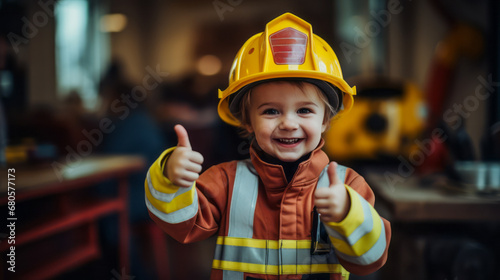 A Boy smiles, imagines to be a firefighter, wears an firefighter suit and helmet. City background. Thumbs up Ai generative