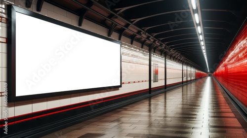Long subway tunnel with white billboard and striking red accents. Perspective and advertising design concept Generative AI