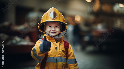 A Boy smiles, imagines to be a firefighter, wears an firefighter suit and helmet. Street background. Thumbs up Ai generative