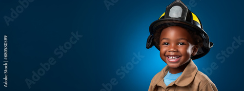 A Black Boy smiles, imagines to be a firefighter. Blue background. Future dream profession. Copy space. Ai generative