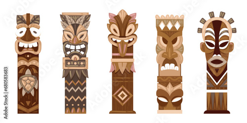 Ritual wooden statues. Cartoon ethnic tiki totems, aboriginal pole totems flat vector illustration set. Hawaiian or african traditional sculptures