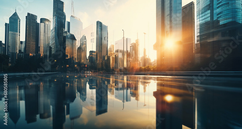 Panorama view of tall buildings, towers, skyscrapers and street on the sunset, reflecting sunlight. Image created by Generative AI.