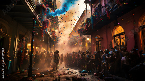 An energetic photograph of a Mardi Gras parade in full swing, with costumed revelers dancing and throwing colorful beads to the cheering crowd.