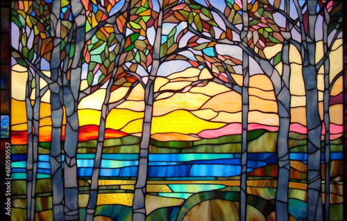 Landschaft mit Birken - Glasmalerei Mosaik von Natur am Teich - buntes Tiffany Glas
