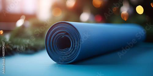 a rolled-up neoprene sports mat on a background,Yoga outdoor concept of health and body care, Blue yoga mat . equipment for yoga. concept healthy lifestyle and sport with generative ai