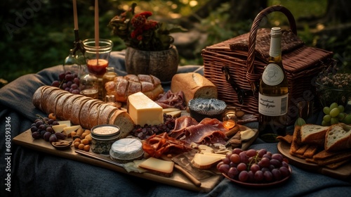 A rustic picnic basket filled with gourmet snacks, wine, and a cozy blanket for two.