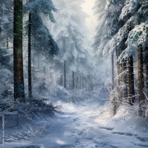 "Die stille Schönheit der Natur im verschneiten, immergrünen Wald: Eine malerische Ode an die Winterzauber." Generativ Ai.