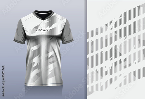 T-shirt mockup with abstract stripe line sport jersey design for football, soccer, racing, esports, running, in white gray color