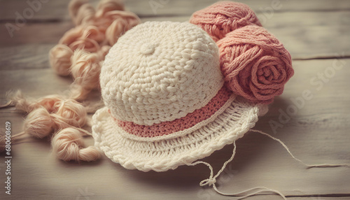 Handcrafts crochet and a small hat in vintage style. Horizontal orientation.