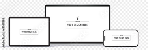 Laptop Computer, Mobile Phone and Tablet PC Vector Mockup Illustration. Digital devices with horizontal screens isolated on transparent background.