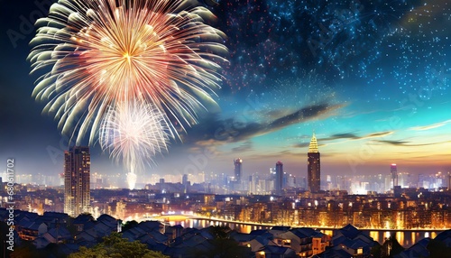 A city skyline with fireworks lighting up the night, sylvester background, new years celebration picture, banner, templates, concept