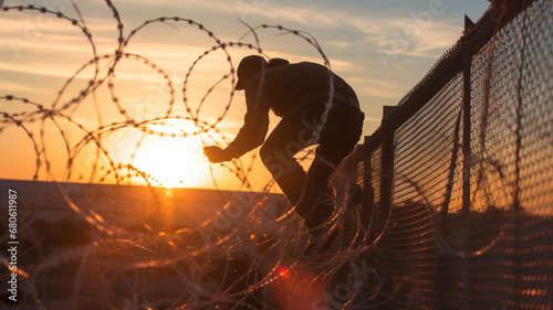 Illegal border crossing by migrant over fence between Mexico and United States, sunset light