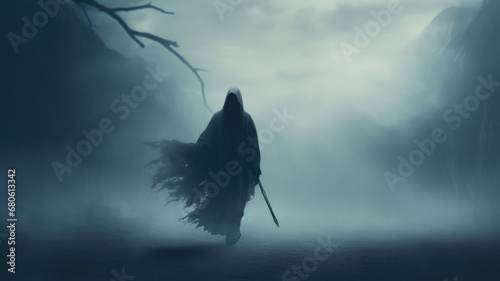 A solitary figure in a hooded cloak, presumably the Grim Reaper, walks in a fog-shrouded landscape.