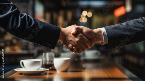 A handshake between people, a strong symbol representing formal friendship or harmony between borders, nations, states or even continents. Reunification to overcome the crisis. Teamwork concept.