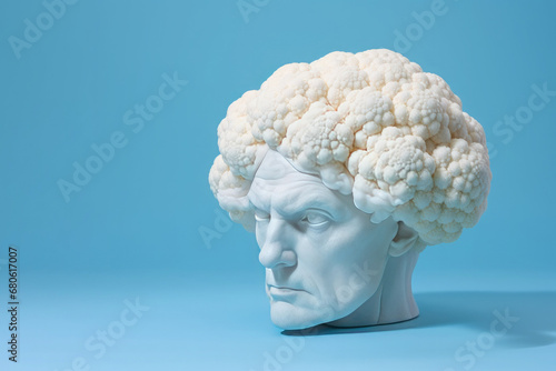 Man head sculpture with cauliflower hairstyle. AI generative art