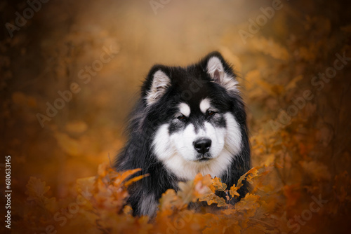 Alaskan malamute dog portrait in an autumn leaves 