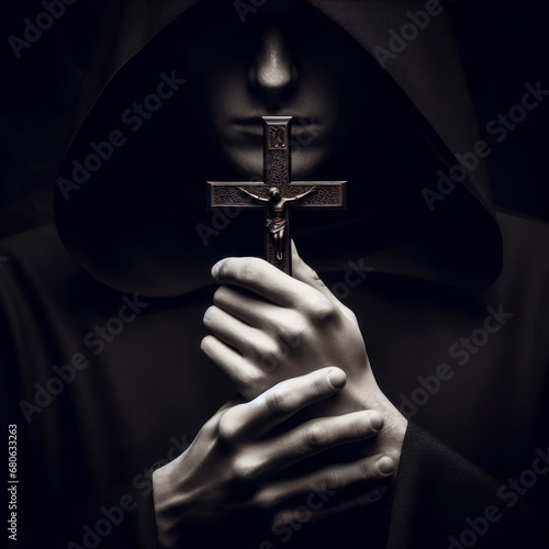 The priest holds the cross on black background. ai generative
