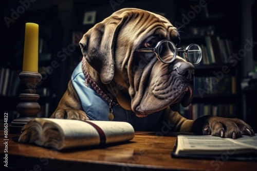 A dog wearing glasses sits at a table with a book. This image can be used to depict intelligence, education, or a love for reading