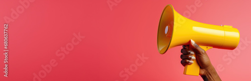person's hand gripping a megaphone against a pink background