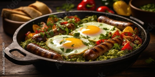 Sizzling Harmony - Perfectly Fried Eggs and Juicy Sausages Dancing in Green Salsa Euphoria. Selective Focus Captures Every Delicious Detail