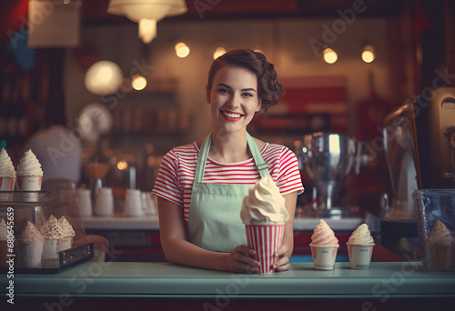 Young and happy saleswoman in apron making ice cream