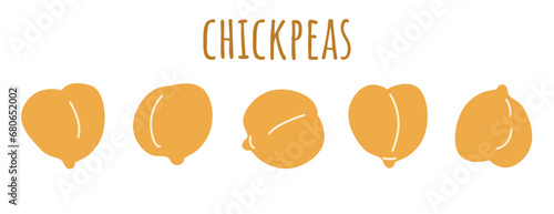 Set of chickpeas. Ingredient for hummus, falafel and other vegetarian food. Vegan protein source. Legumes cartoon wallpaper. Vector flat illustration. 