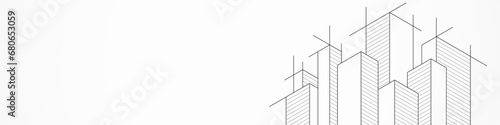 Panoramic view of architectural drawing with building construction for banner or website header template