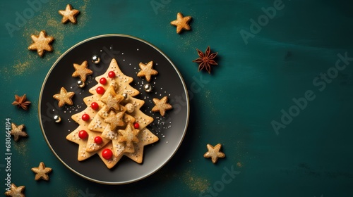  a plate of cookies decorated like a christmas tree with red berries and star shaped cookies on a green surface with star shaped cookies on the side of the plate and on top of the plate.