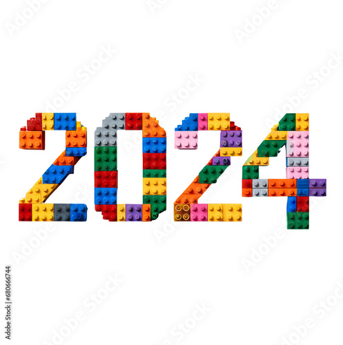 Colorful 2024 Year Formed by Lego Bricks On Transparent Background