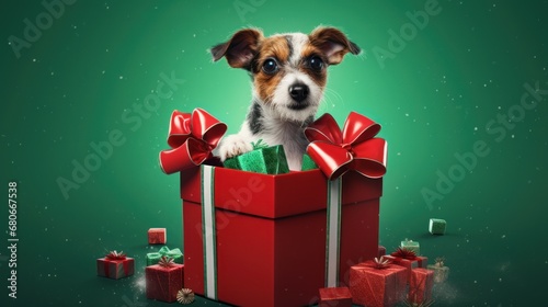  a small dog sitting inside of a red gift box with a green ribbon and bow around it's neck.