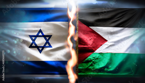 the flag of israel and palestine cut in two with fire