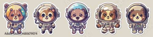 Bear Cub in an Astronaut Suit Sticker Anime Style on White Background, Vector Illustration