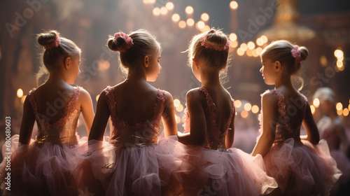 Poster A group of adorable little ballerinas, in pink costumes, face to scene in theater or concert hall before performance in dance suits