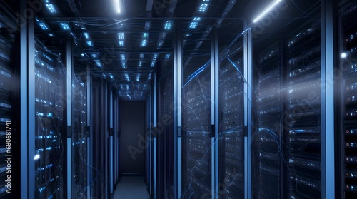 server room with many racks , with depth of field and fog, 