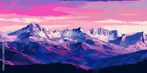 mountain ranges, bold, bright, flat colors, snow-capped peaks in psychedelic pinks and purples