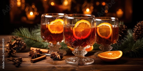 Christmas spicy grog, orange and cinnamon on the table, pine tree and pine cones. Generative AI